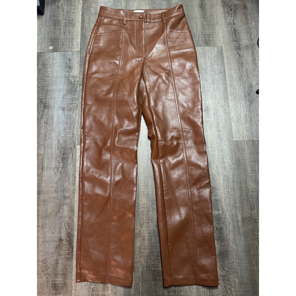 Aritzia Wilfred Rebel Vegan Leather Straight Pants Brown Cognac 0 NWOT